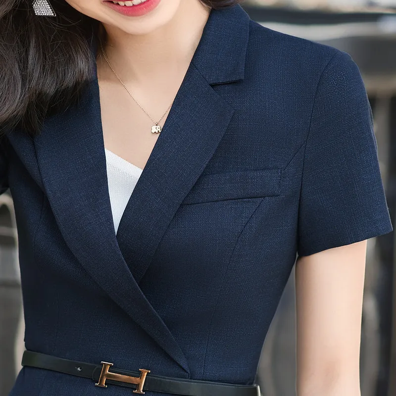 High End Short Sleeve Suits Women Summer Navy Blue Business Formal Slim Blazer And Pants Office Ladies Work Wear