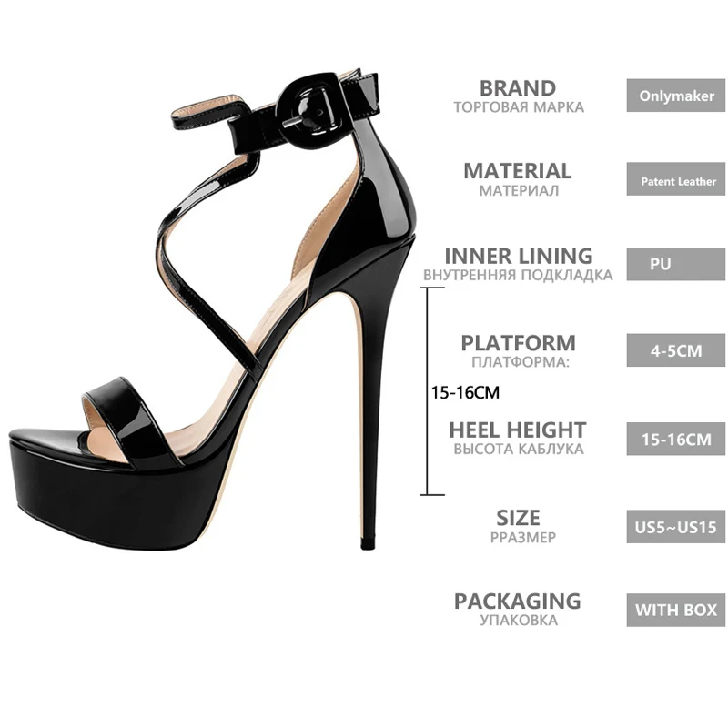Onlymaker Women Peep Toe Platfrom Cross-tied Thin High Heel 16CM Stiletto Black Gold Color Party Dress Sandals