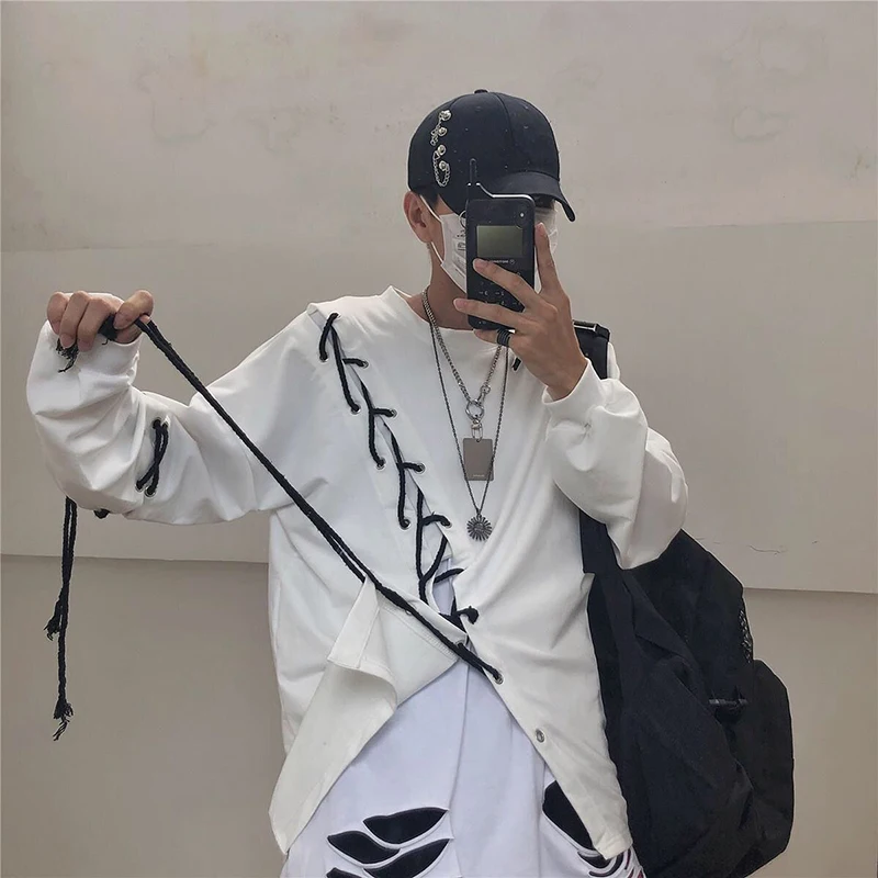 Hip Hop Personality Diy Bandage Long Sleeve Men Tshirt Summer Autumn White Black Fashion Woman Oversized Punk Streetwear Clothes