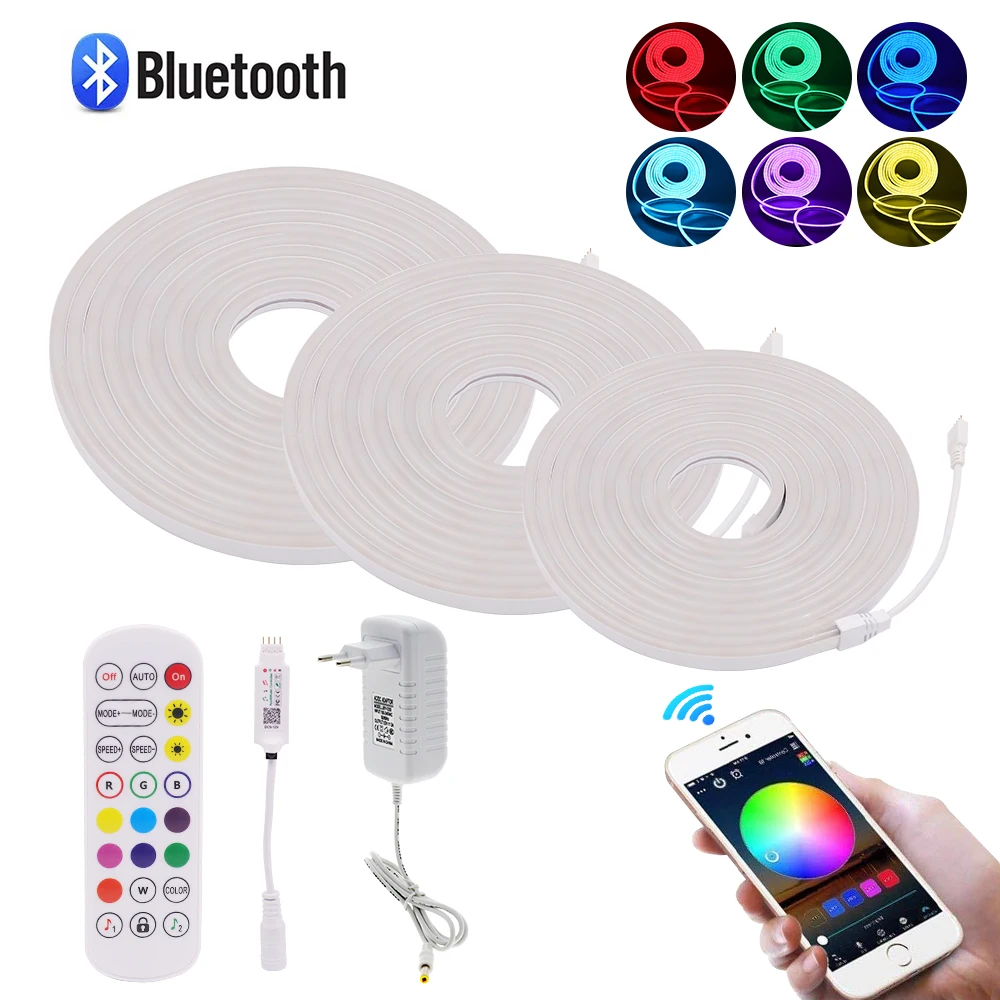 12V RGB Neon Light Strip 3535 SMD 96Leds/M Neon Rainbow Lamp 6X12MM Bluetooth Music RGB Neon Rope Flexible LED Tape EU/US Set