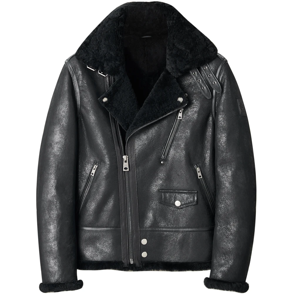 Denny&Dora Men's Shearling Jacket Black B3 Bomber Jacket Men Genuine Leather Coat