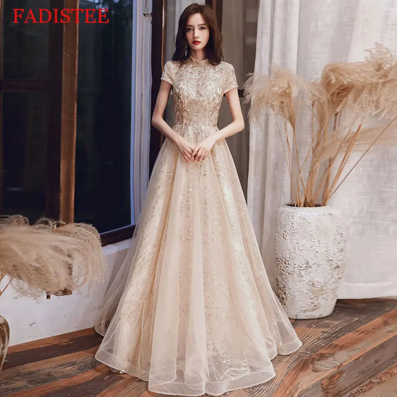 

Customized High Neck Evening Dress A-line Short Sleeves Floor Length Lace-up Elegant Women Formal Party Gowns Vestidos De Fiesta