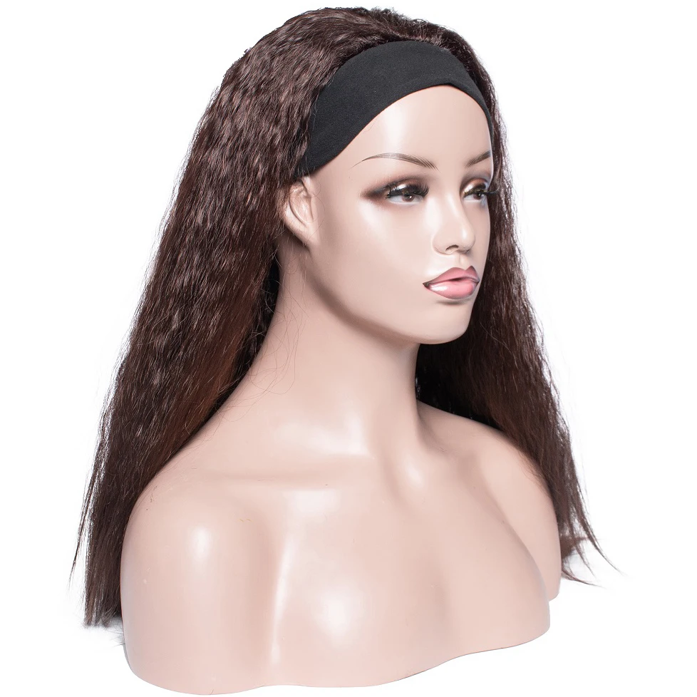 QY Hair Long Natural Wave Headband Wig Synthetic Wigs For Women Dark Brown Color Black Wrap Daily Ladies Wig