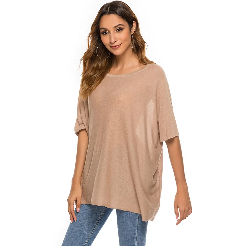 European American Sexy Off Shoulder Bat Sleeve Ice Silk Sweater Top Women's Thin Loose Solid Color Pullover Crew Neck Sweater