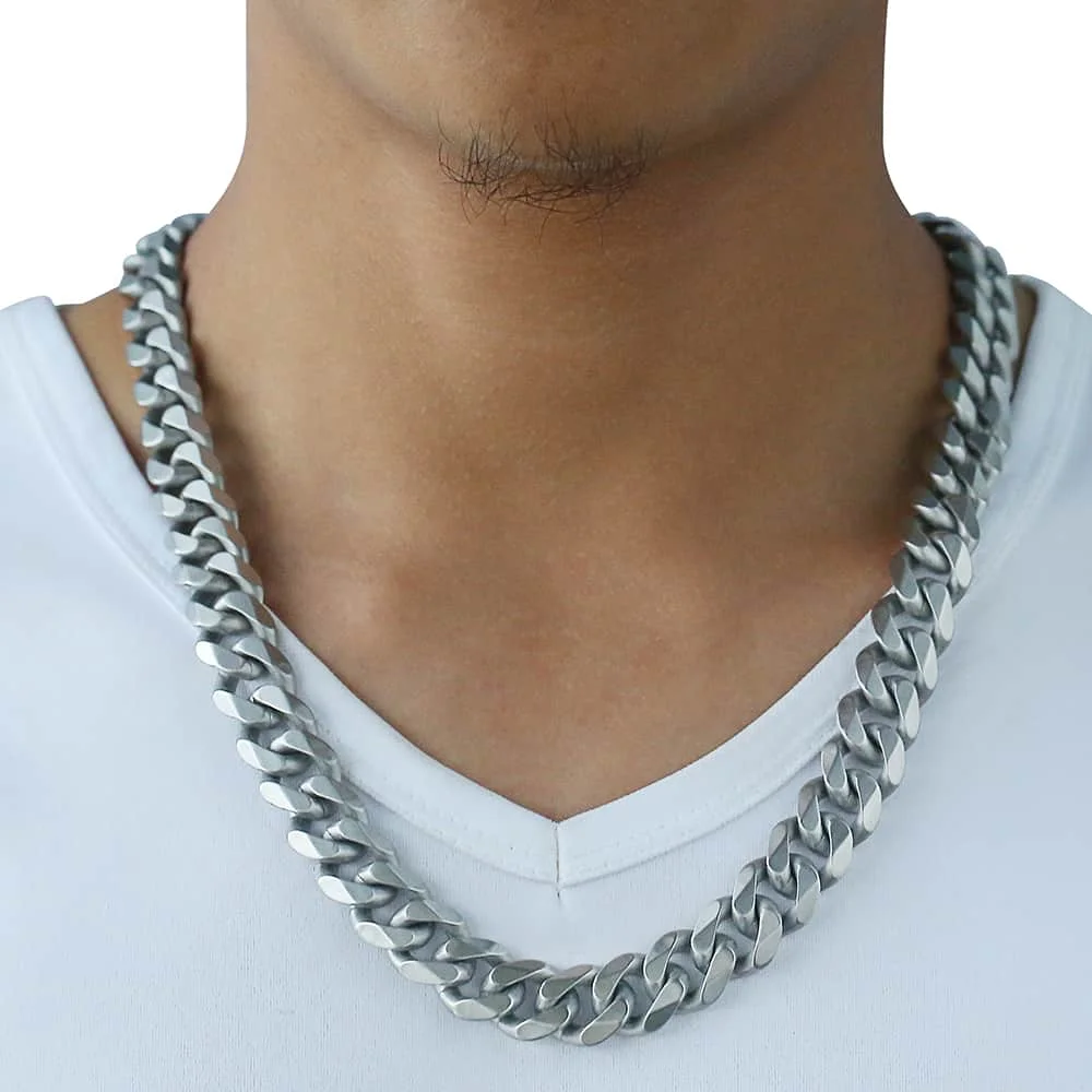 Davieslee Matte Brushed Polished Necklace Mens Chain Cut Curb Cuban Link 316L Stainless Steel Silver Color 15 mm DHNM18