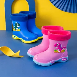 Botas de lluvia de PVC para niños, zapatos impermeables con patrón de dinosaurio, de terciopelo extraíble