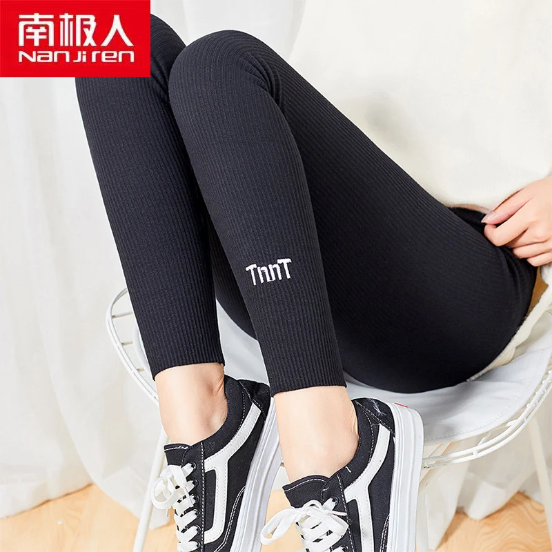 

Nanjiren Women Clothing Warm Stacked Pants Solid Color Seamless Ankle-Length Cotton Polyester Casual Thick Leggings For Ladies