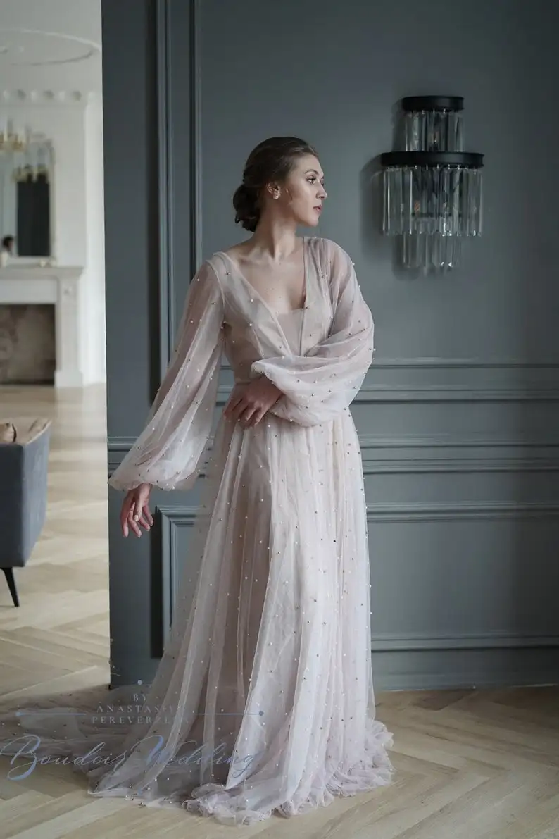 CloverBridal 2021 Long Sleeves Pearl Wedding Dress Modern Minimalist Bridal Dresses Blush Rose robe de mariée WW8439