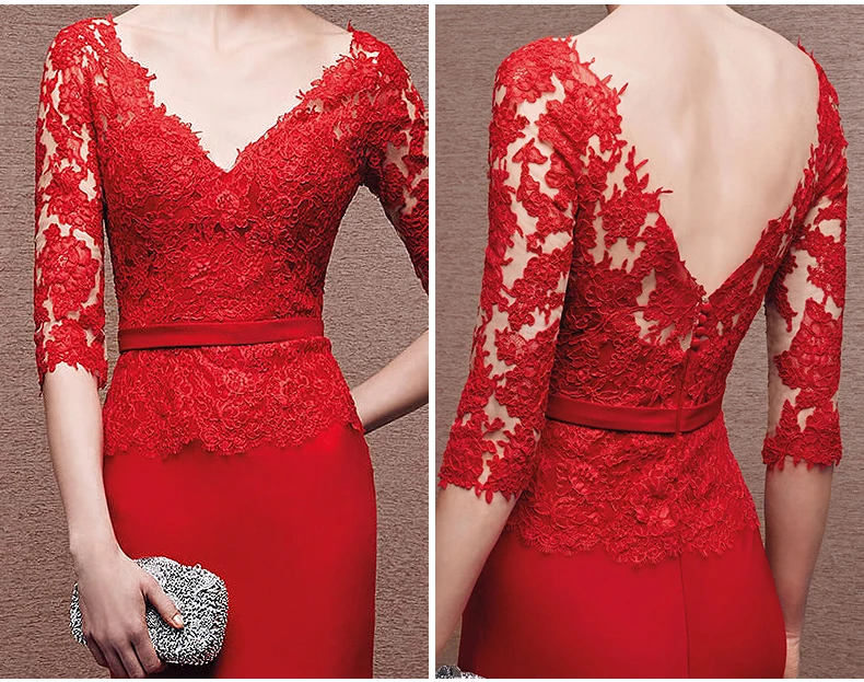 Seksi V-back Vestidos Merah Sifon Renda Putri Duyung Коктейльные Планselanjutnya Setengah Lengan Appliques Gaun Formal Ibu dari Gaun Pengantin