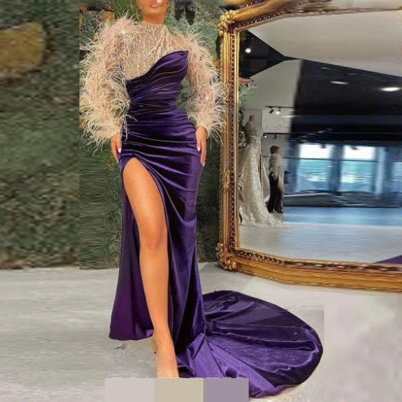 Modern Feather Lace Long Sleeves Evening Dresses Purple Velour Mermaid Prom Dresses Saudi Arabia Sexy High Split Party Dress