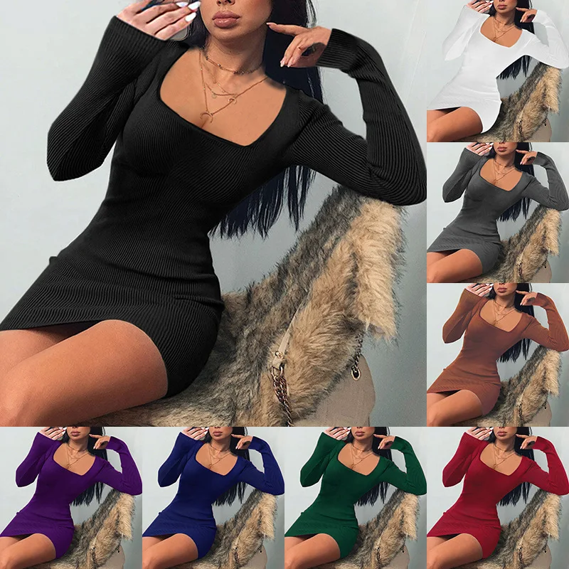 Long Sleeve Dress Women\'s Fashion Sexy Slim Fit Square Collar Sheath Autumn and Winter Sexy Dress for Women Short Prom Dress
