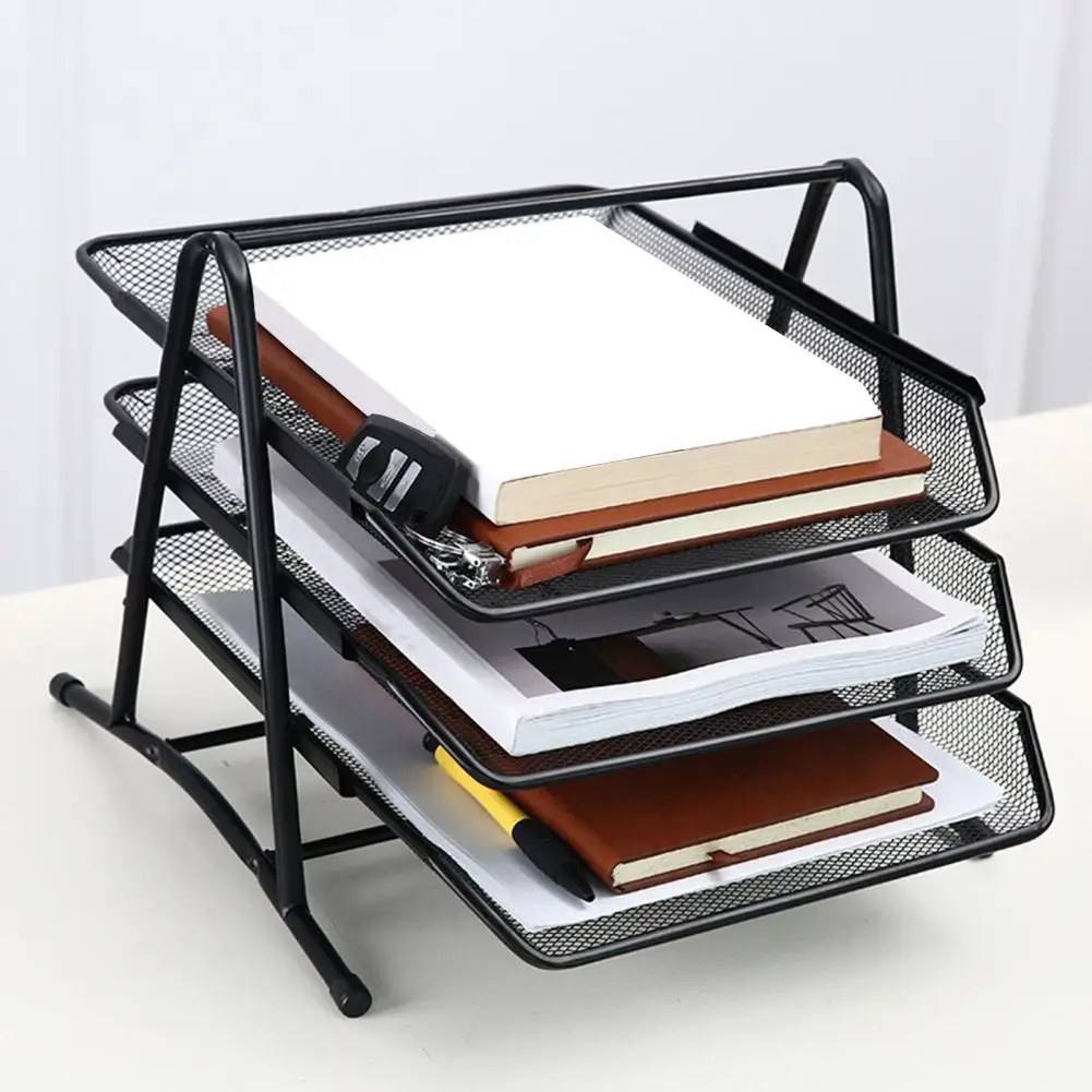 Creative File Tray Desktop Organizer Anti-Rust 3 Layers Metal Wide Entry Desk File Document Letter Organizer Tray Storage Rack