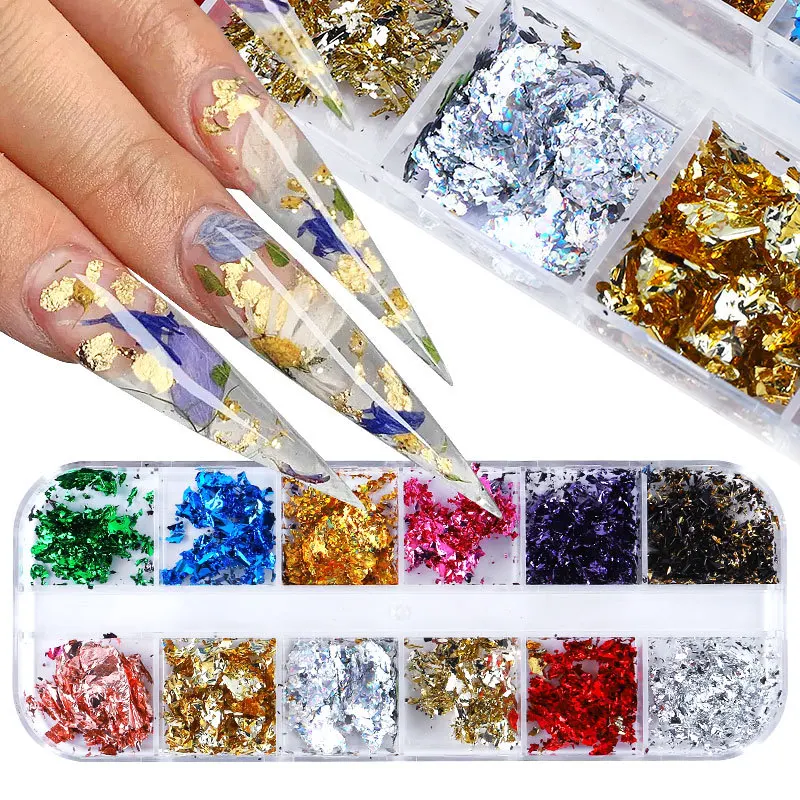 12Grid Gold Foils Mixed Nails Glitter Flakes Paillette Chip Aluminum Nail Design Shinny Nail Art Decoration Accessories