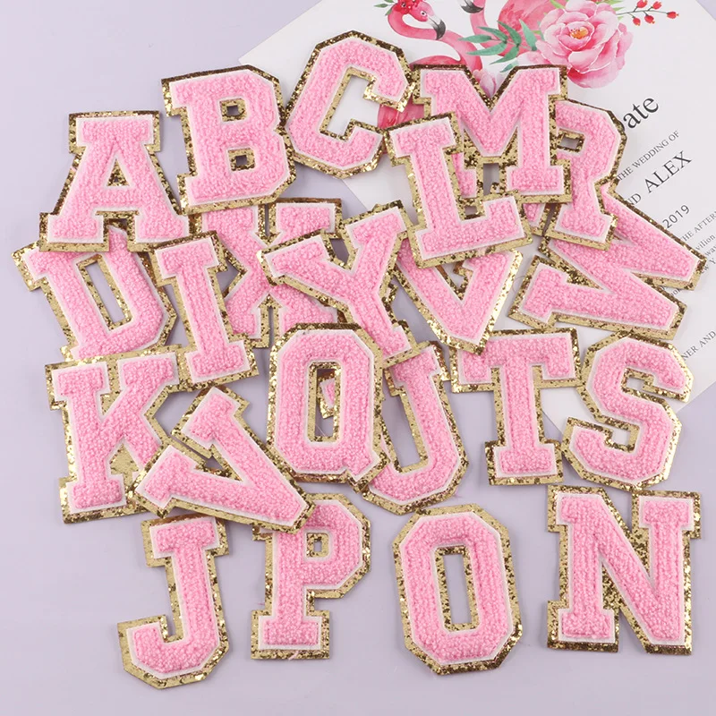 26 Letter Patches for Clothing Pink Alphabet Towel Embroidery Patches Ironing Appliques Child Women Clothes Diy Name Badges