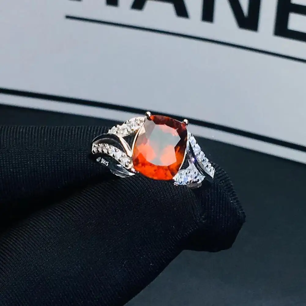 Vivid Orange Garnet ring Free shipping Natural real red garnetRing 925 sterling silver Fine jewelry