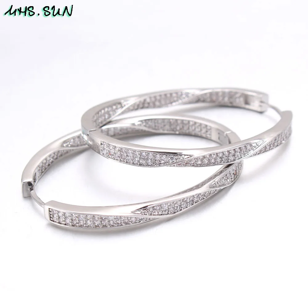 MHS.SUN Women Gold Plated Circle Hoop Earrings Fashion Twisted Design Cubic Zircon Earrings Round Statement Jewelry 1Pair