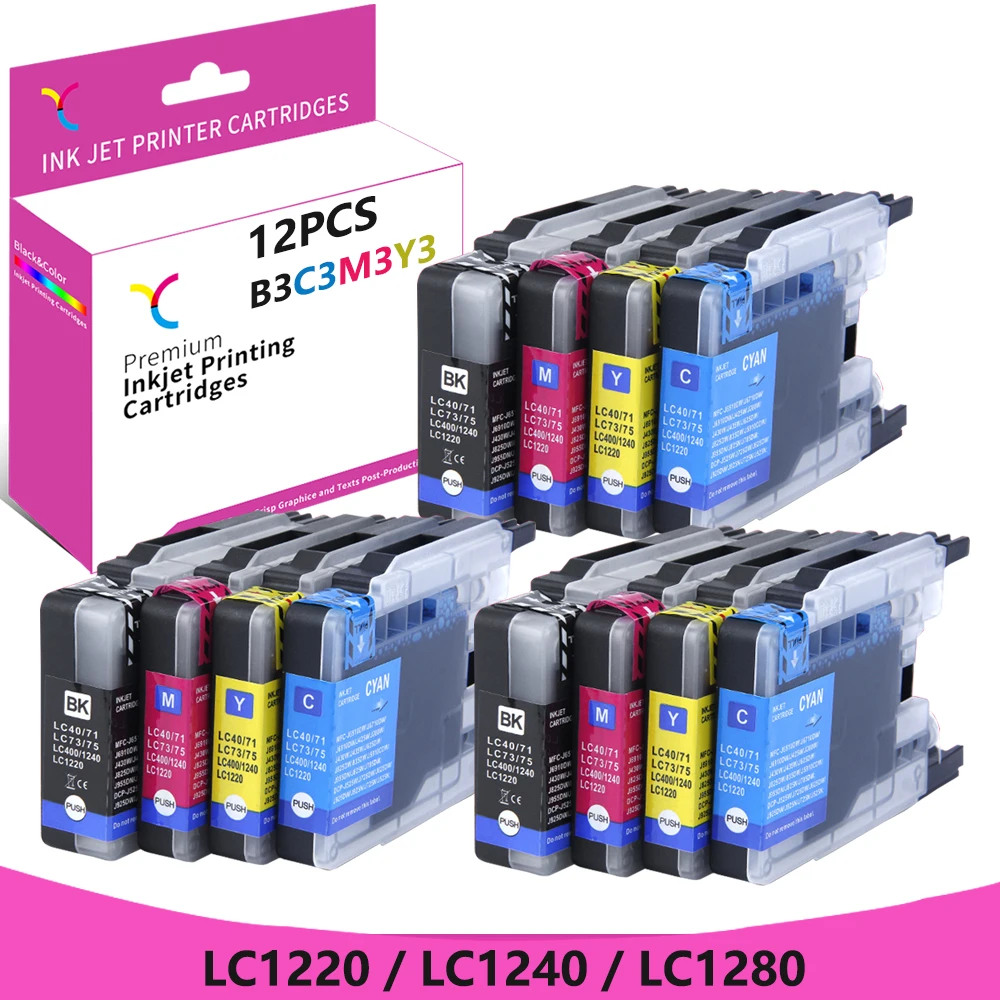 YC 12PCS Para Brother LC1220 LC1280/LC1240 Tinta Multipack para MFC-J5910DW MFC-J6510DW MFC-J6710D MFC-J6710DW MFC-J6910DW MFC-J435W