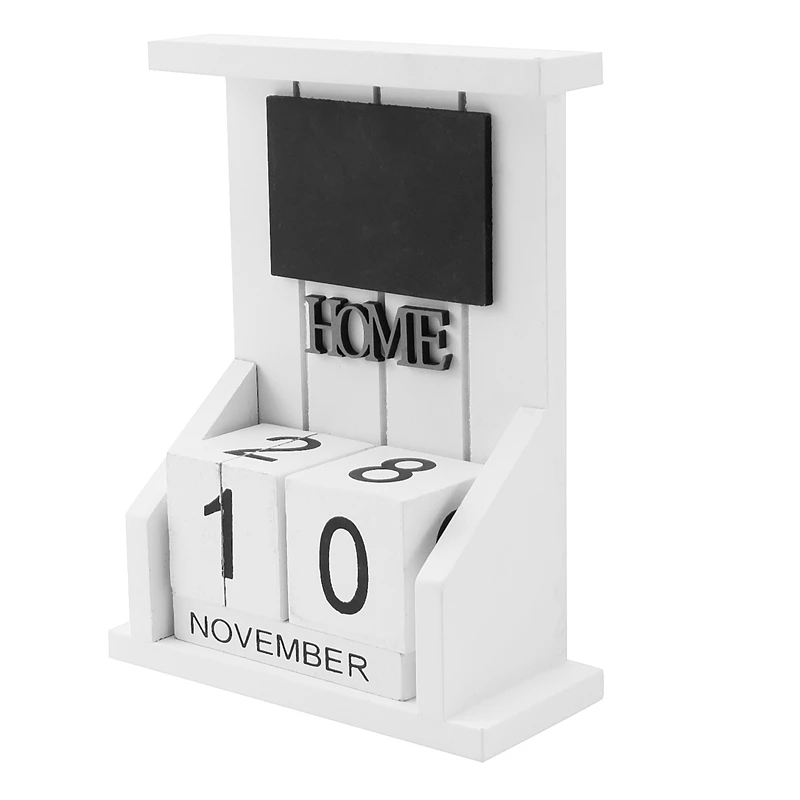 Wooden Desk Block Calendar-Perpetual Calendar Month Date Display Home Office Decoration (White)