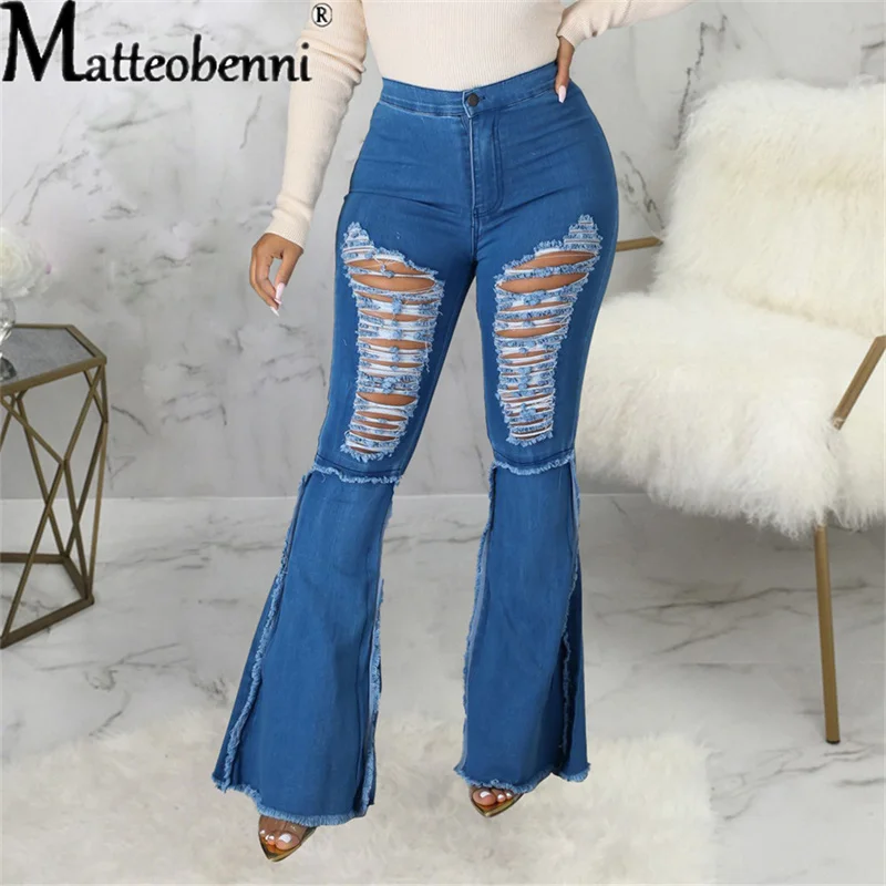 

2021 Sexy Ripped Jeans For Women High Waist Jeans Vintage Flare Jeans With Holes Patchwork Bell Bottom Jean Denim Pants Trousers