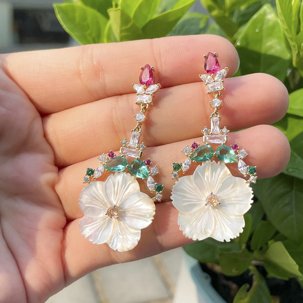 

ThreeGraces Cubic Zirconia Long Dangling Shell Flower Drop Earrings for Women Fashion Korean Style Dancing Party Jewelry E1307