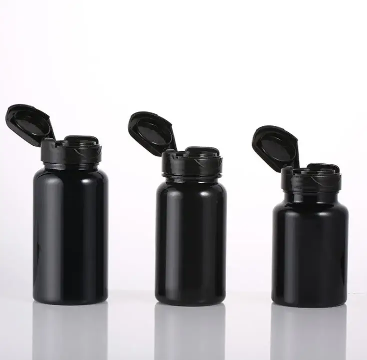 100pcs 80ml/100ml/120ml/150ml Black PET Bottles,Capsules/Pills/Powder/Vitamin Plastic Empty Bottle with Flip Caps SN601