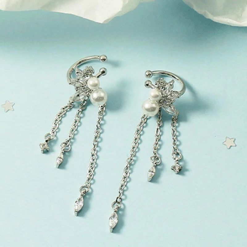 KOFSAC Exquisite Elegant Pearl Flower Long Tassel Clip Earrings For Women 925 Sterling Silver Non Pierced Ears Jewelry Girl Gift