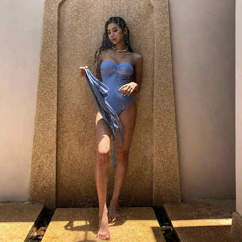 Costume da bagno intero nuovo stile coreano donna costumi da bagno tinta unita Push Up gonna nuoto scava fuori due set Pad costume da bagno pieghettato