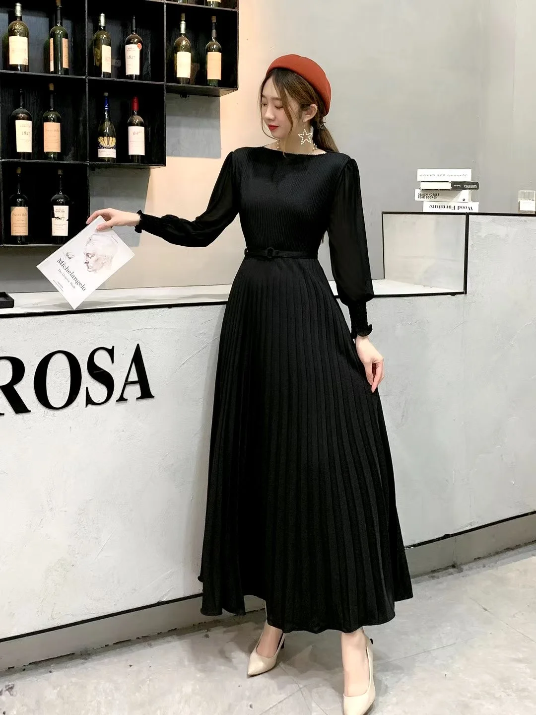 2022 Spring Elegant Women Pleated Party Dress with Belt Slim Waist Full Long Dress Bodycon Pleated Maxi Dress Wedding Vestidos