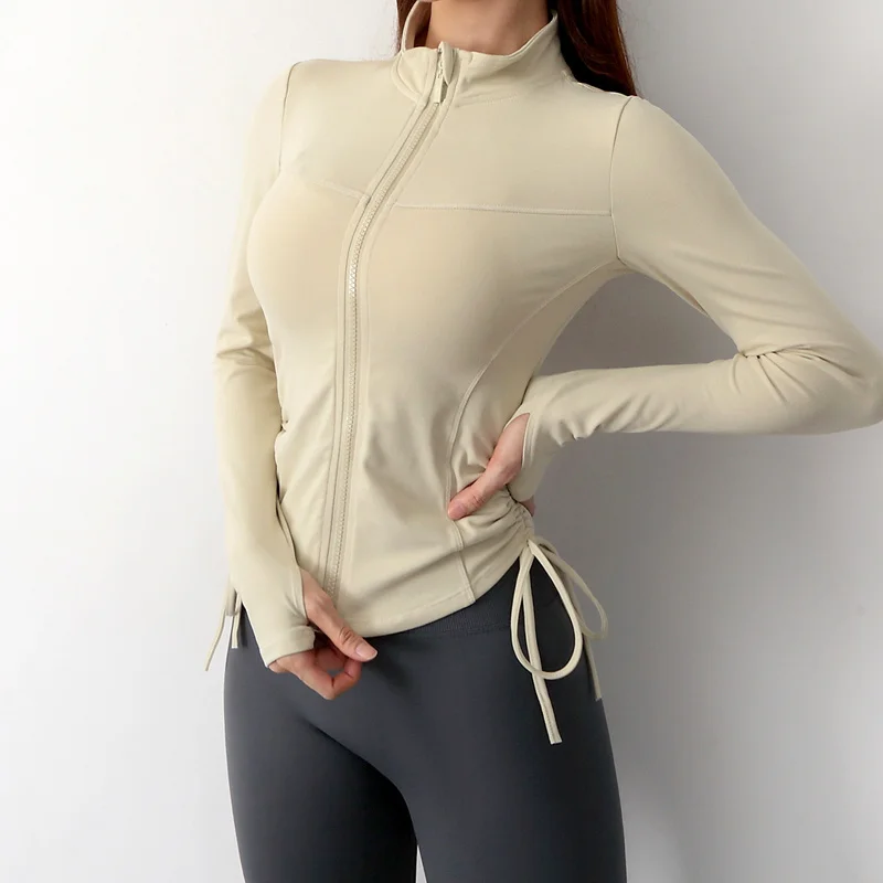 Women Nylon Fitness Sport Jacket  Long Sleeve with Thumb Hole Yoga Shirt Slim Zipper Workout Side Drawstring Training Sportswear