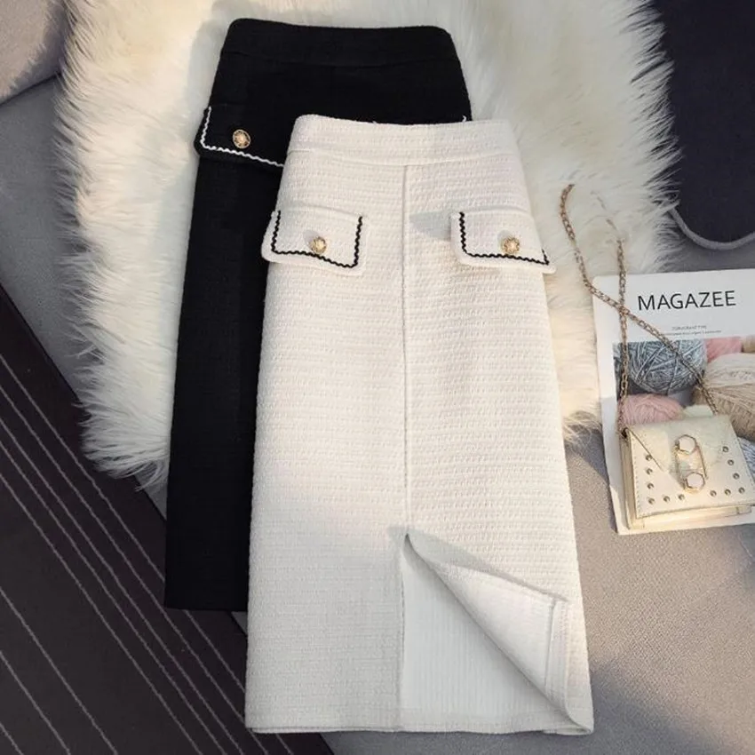 

Autumn winter small fragrance ol woolen split skirt women high waist package hip a-line skirt