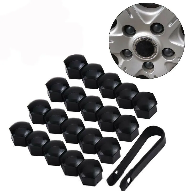 ABS Plastic Removal Tool 17mm GLOSS BLACK ALLOY WHEEL NUT BOLT COVERS CAP UNIVERSAL SET FOR ANY CAR