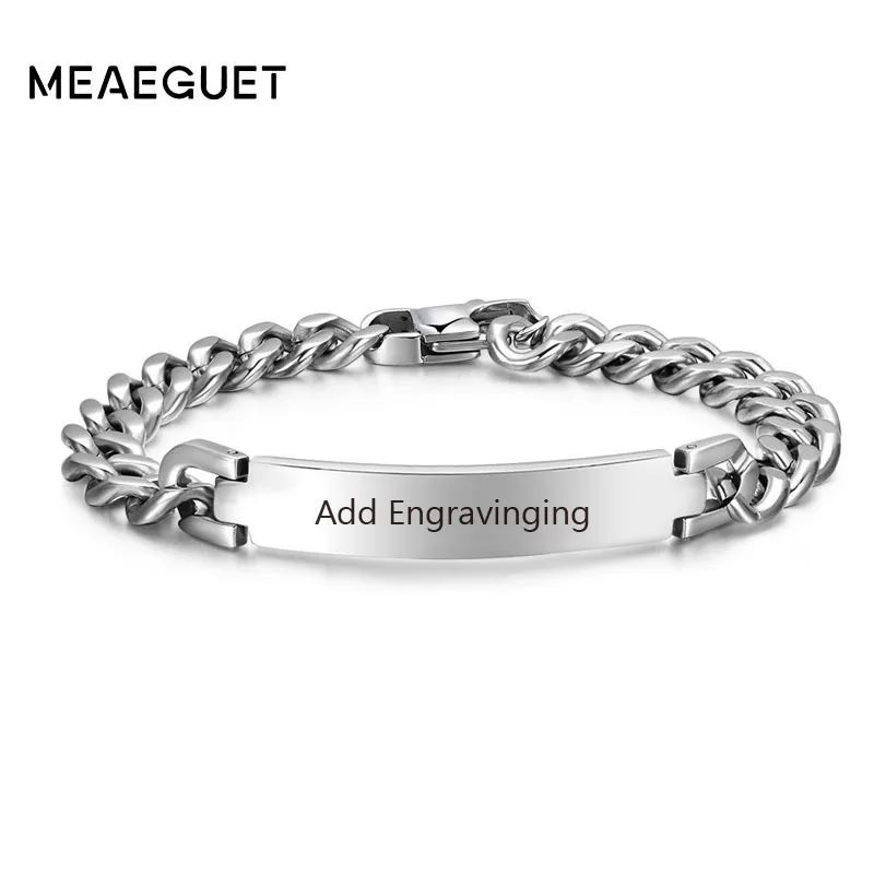 

Stainless Steel Curb Chain ID Men Bracelet In Silver Color Custom Bangle Personalized Bar With Names Initials Date Male Jewelry