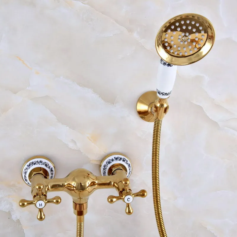 Luxury Polished Gold Color Brass Bathroom Hand Held Shower Head Faucet Set Mixer Tap Dual Cross Handles mna971