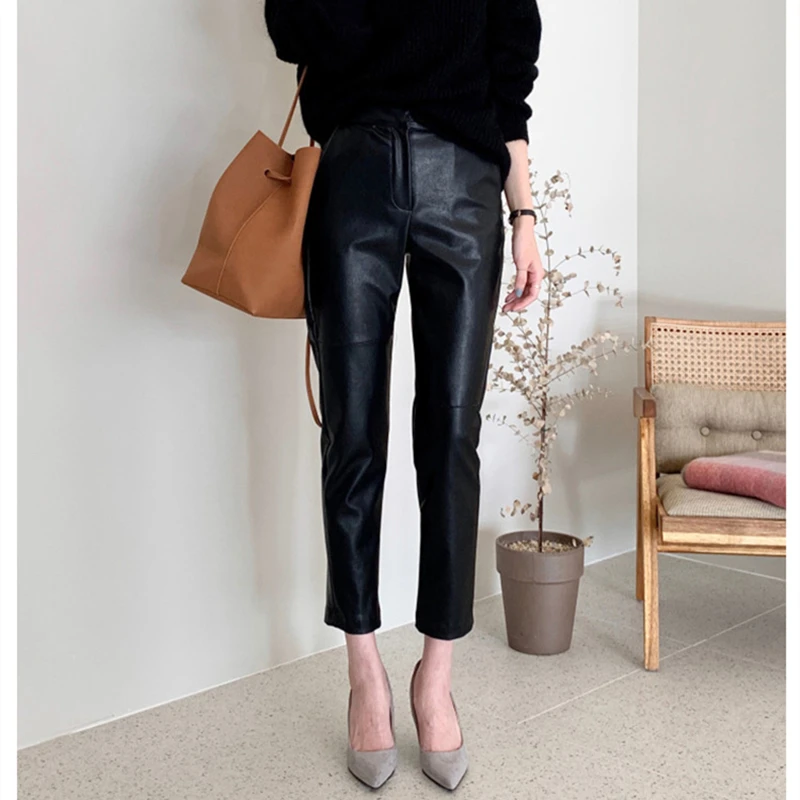 Women's Pu Synthetic Leather High Waisted Casual Fashion Pants