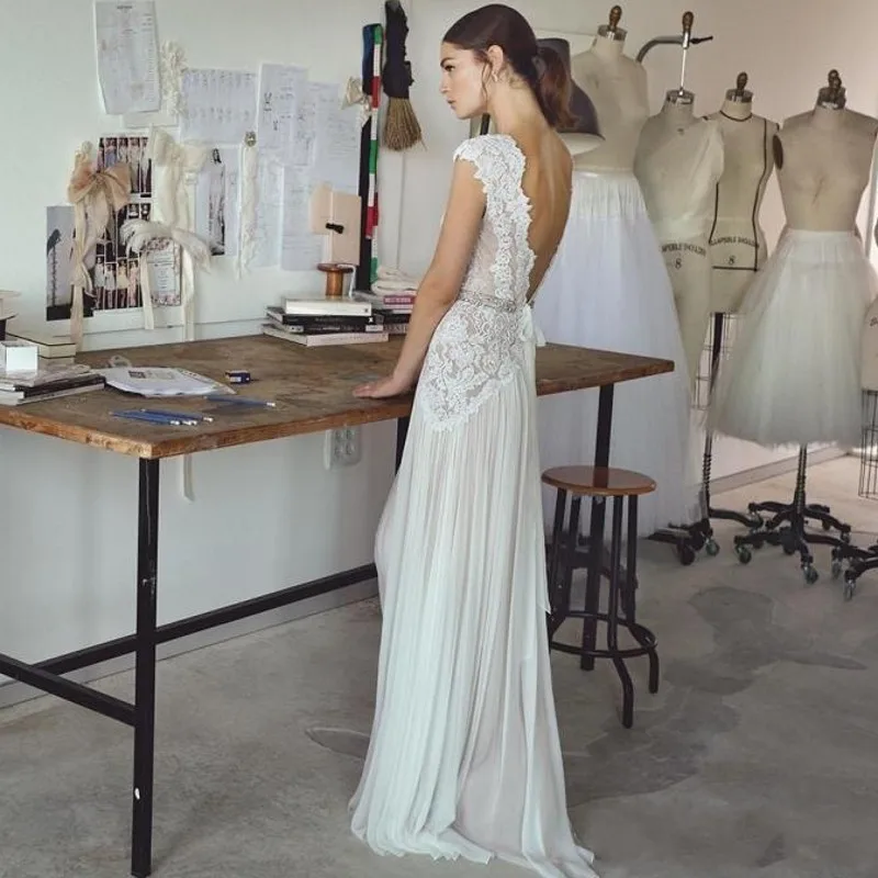 Robe De mariée en dentelle style Boho, Sexy, col en V, dos nu, manches courtes, mousseline De soie, ceinture, 2019