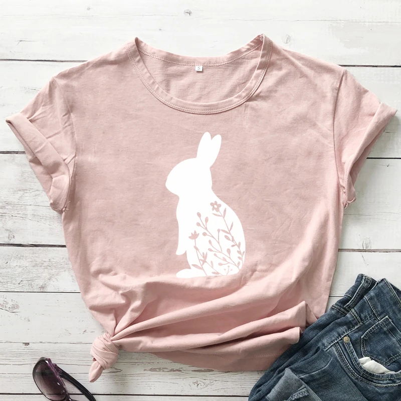 Floral Bunny T-shirt Cute Women Easter Day Gift Tshirt Fashion Short Sleeve Graphic Rabbit Holiday Top Tee Shirt Drop Shipping