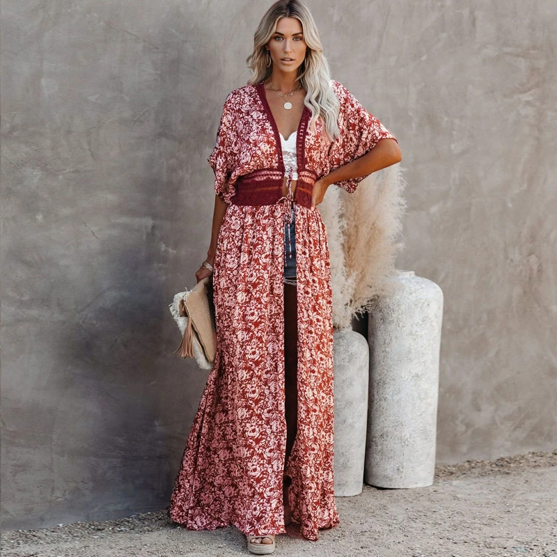 Summer Chiffon Coats Nipped Waist Wide Swing Kimono Patch Work Lace Duster Smock Boho Poncho Women Versatile Collocation Coverup