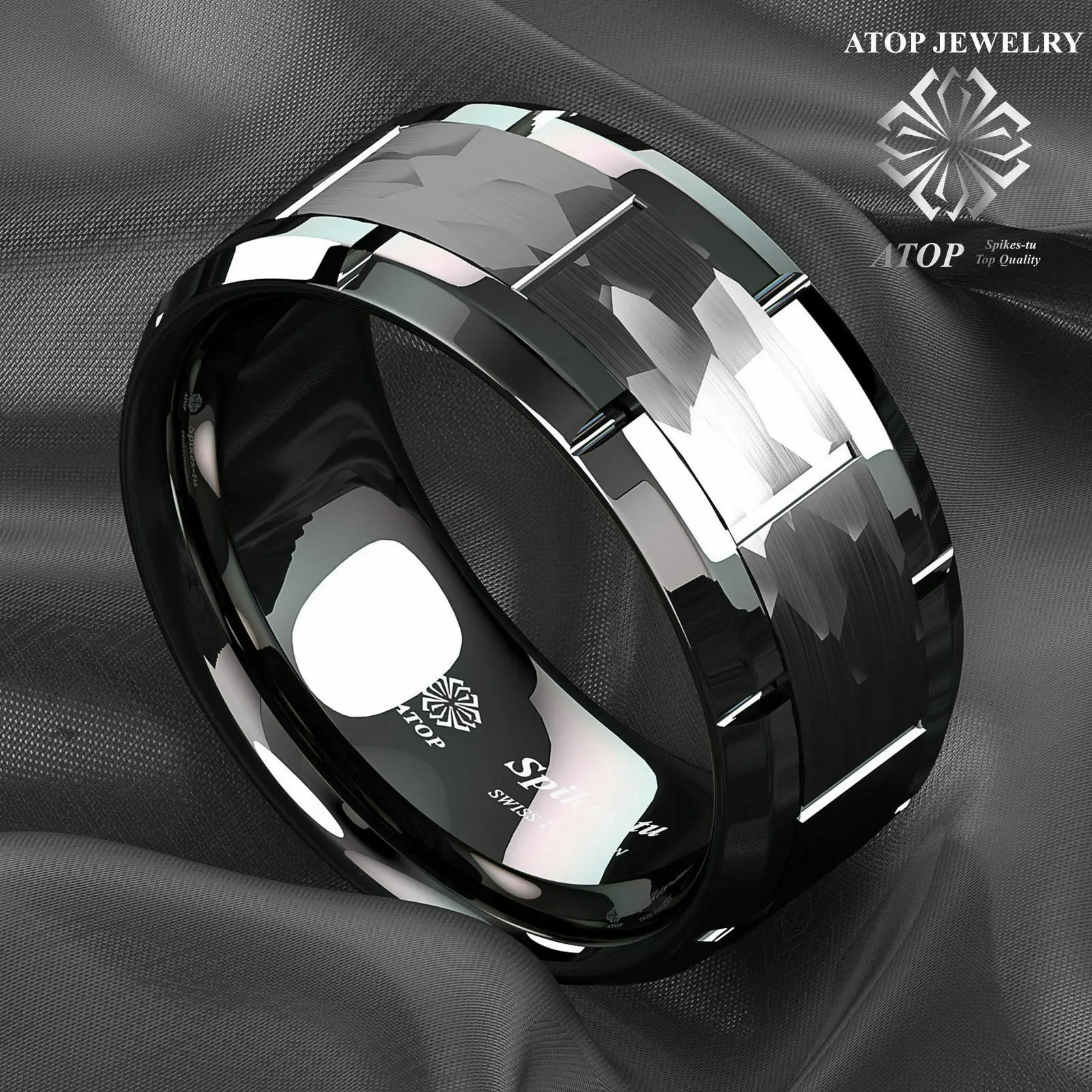 8mm Black Tungsten Ring Hammered Pattern Brushed Wedding Band ATOP Men Jewelry