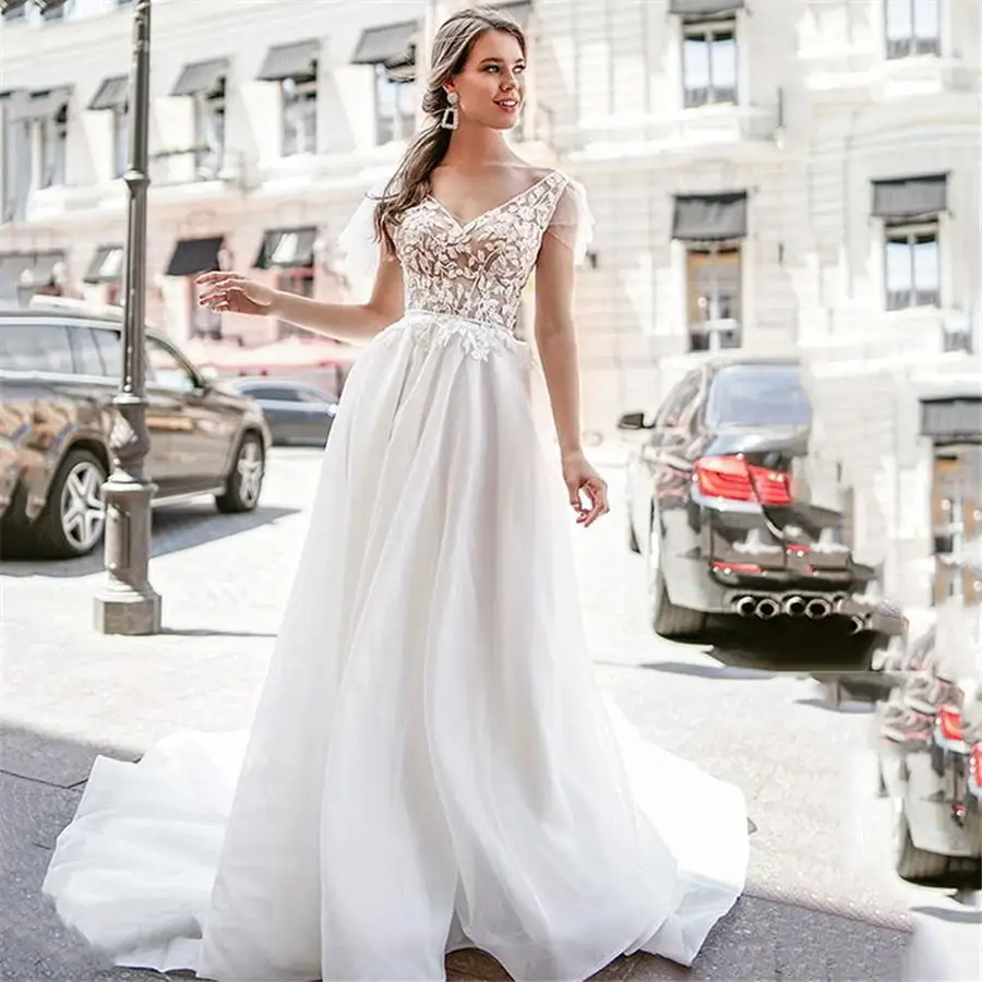 Vestidos De novia De encaje con cuello en V, traje De novia De línea a De tul a medida, manga larga y corta, traje De boda Simple De primavera y playa, 2021