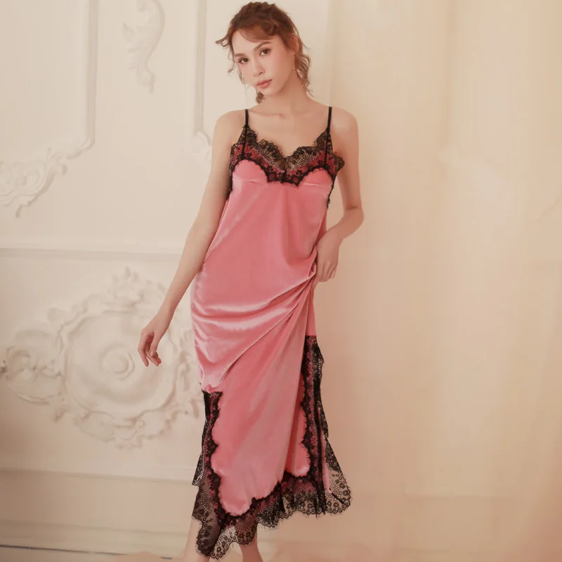 Sexy Gold Velvet Suspenders Deep V Side Split Lace Stitching Long Comfortable Nightdress Nightgown Suit ML 5colors