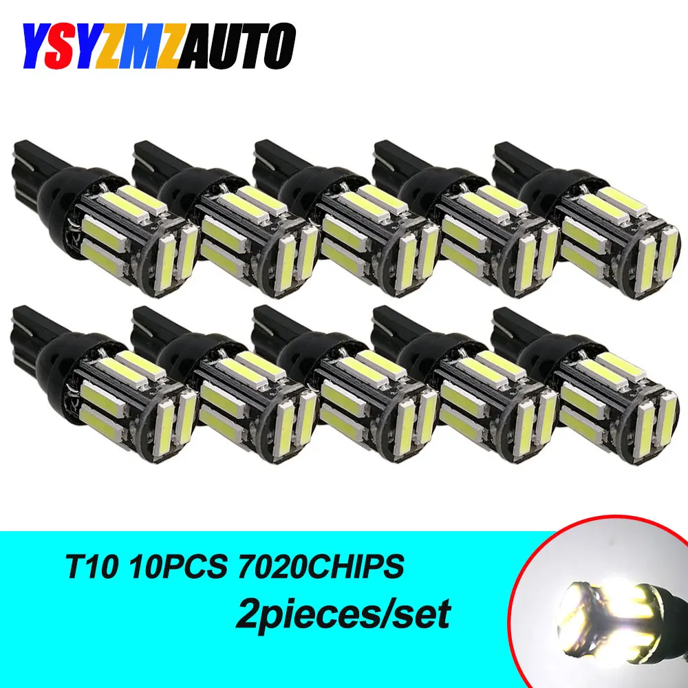 

10PCS W5W T10 LED Auto Wedge Bulb 10SMD 7020 12V White 194 168 WY5W Bulbs Car Dome Reading Clearance Lights Signal Lamp