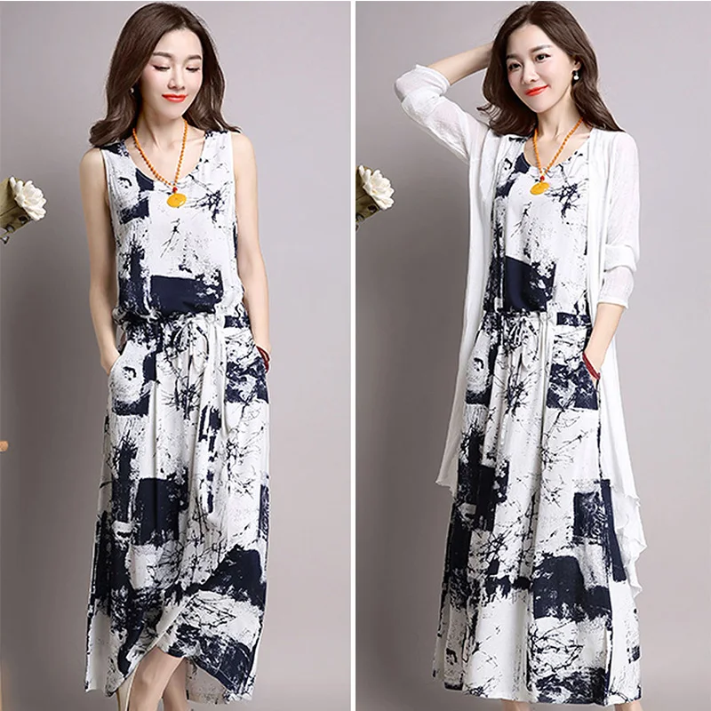 Women Summer Dresses Suit 5XL Spring Loose National Style Printed Vest Dress+Cardigan Jacket Two-piece Set W2167