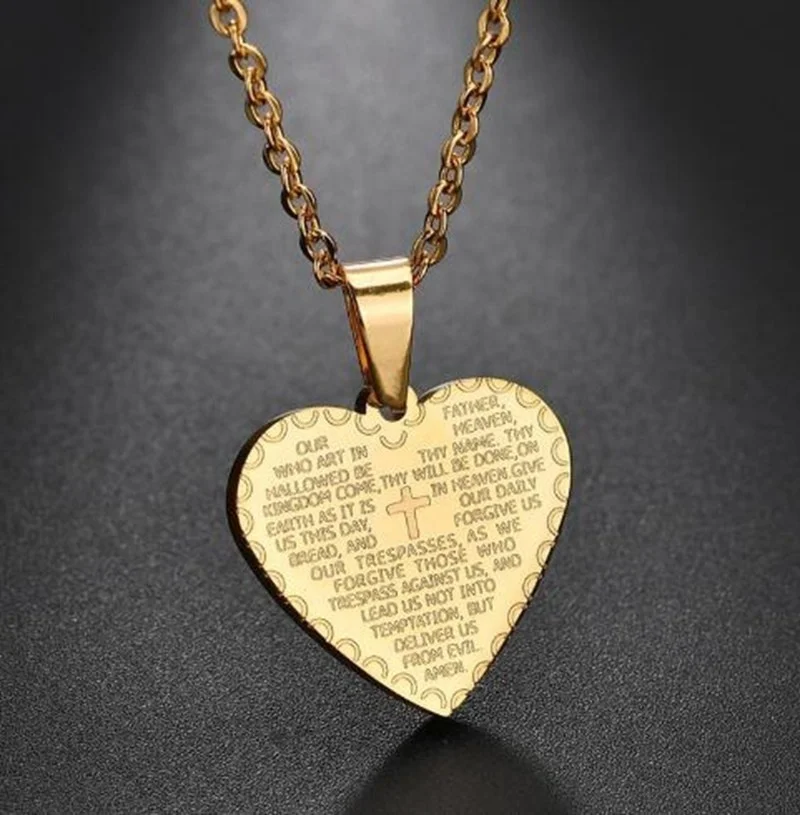 Men Women Fashion Simple Heart Shape Carved Bible Text Pendant Necklace Couple Pendants Christian Accessories