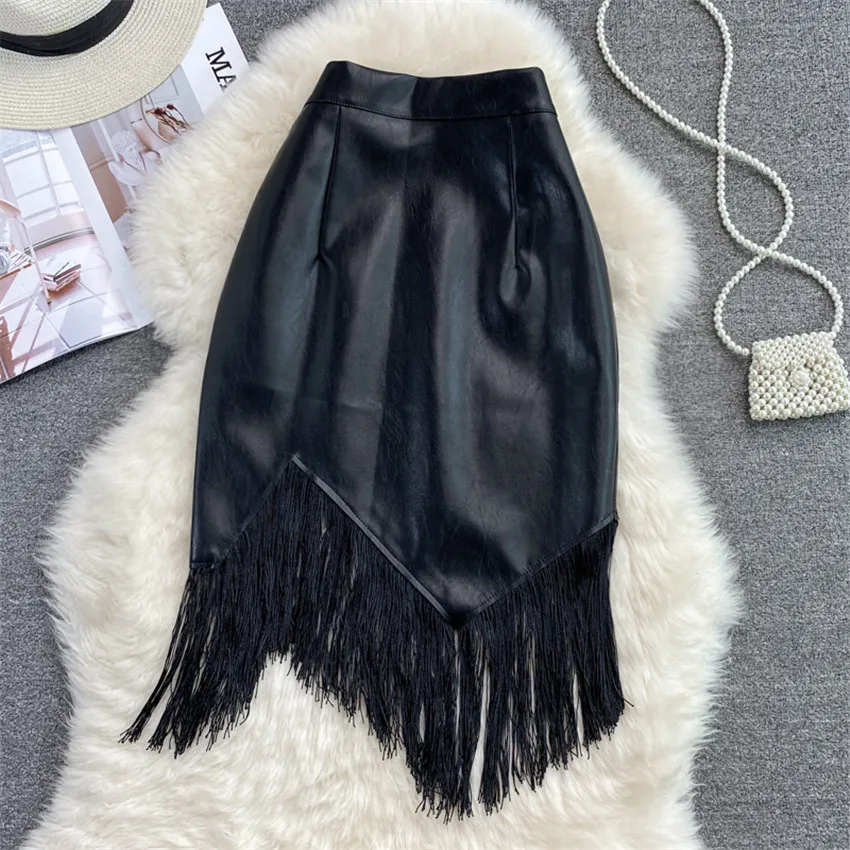 Gowyimmes 2021 New Autumn Winter Fashion Sexy Women PU Skirt Big Size Lady High Waist Tassel Skirts Female Midi Long Skirt P1091