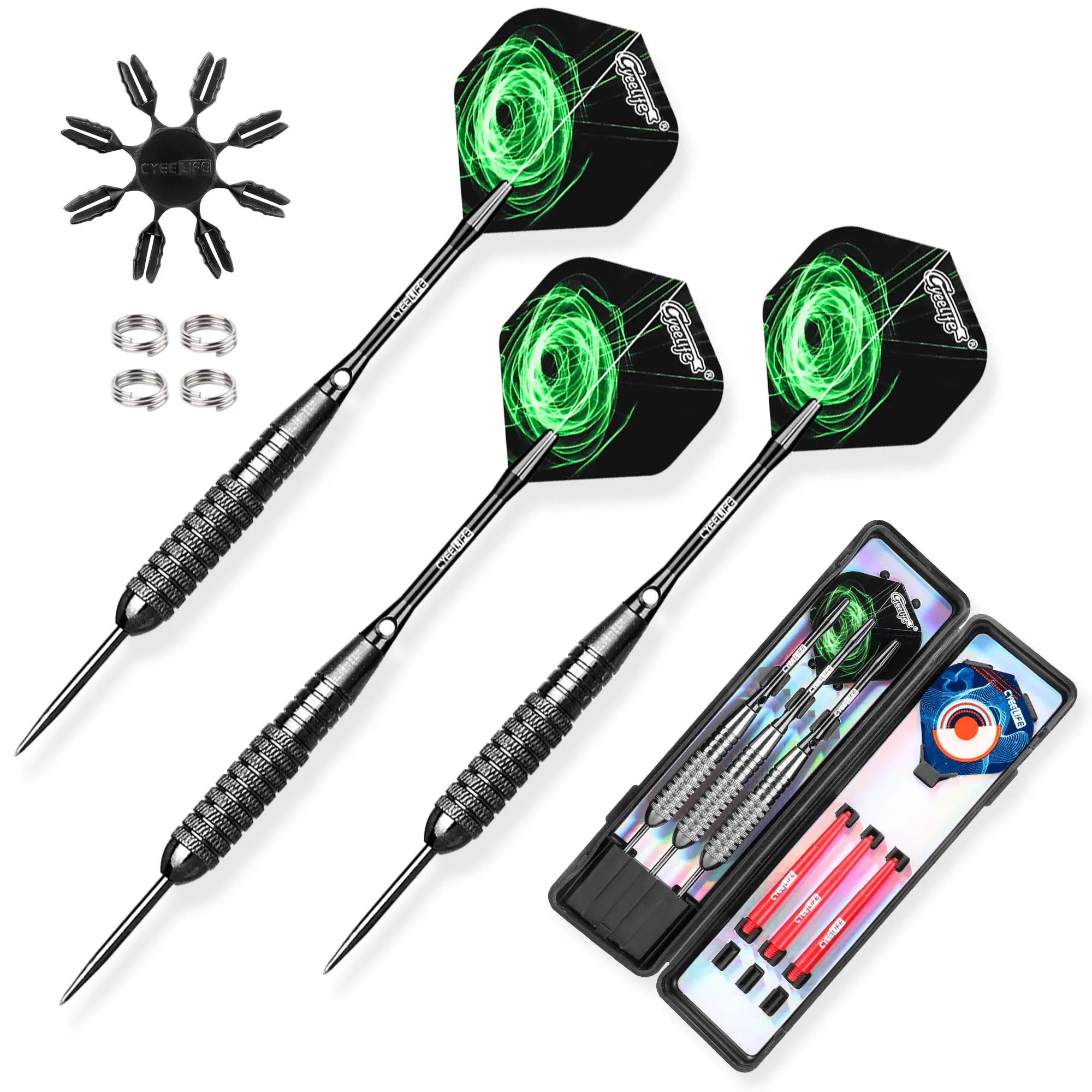 CyeeLife 22/28g Steel Tip darts set Professional with Cace,Aluminium & PVC Shafts+Extra Flights+Plastic Protectors