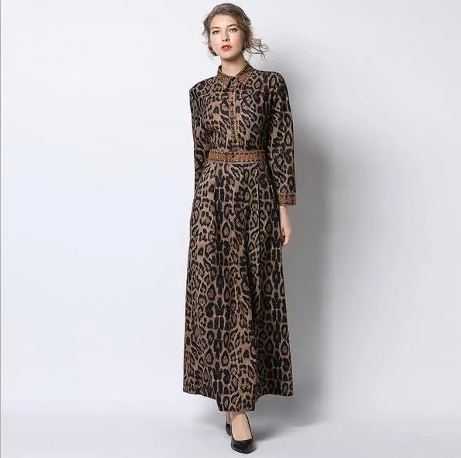 New women Breathable comfort leopard print ankle length dress Womens Slim waist long sleeve retro casual chic female dresses