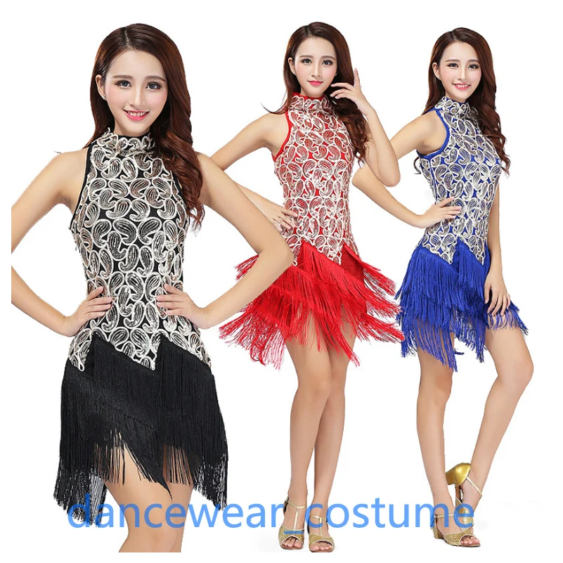 

Ladies Professional Party Ballroom Latin Tango Modern Salsa Dance Dress Women Rumba Samba Sequins Fringe Tassel Skirt 5Colors