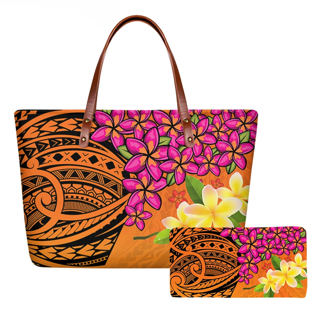 

Noisydesigns Tote Handbags for Women 2Pcs/Set Tribal Polynesian Plumeria Printed Large Capacity Shoulder Bag&Wallet 2021