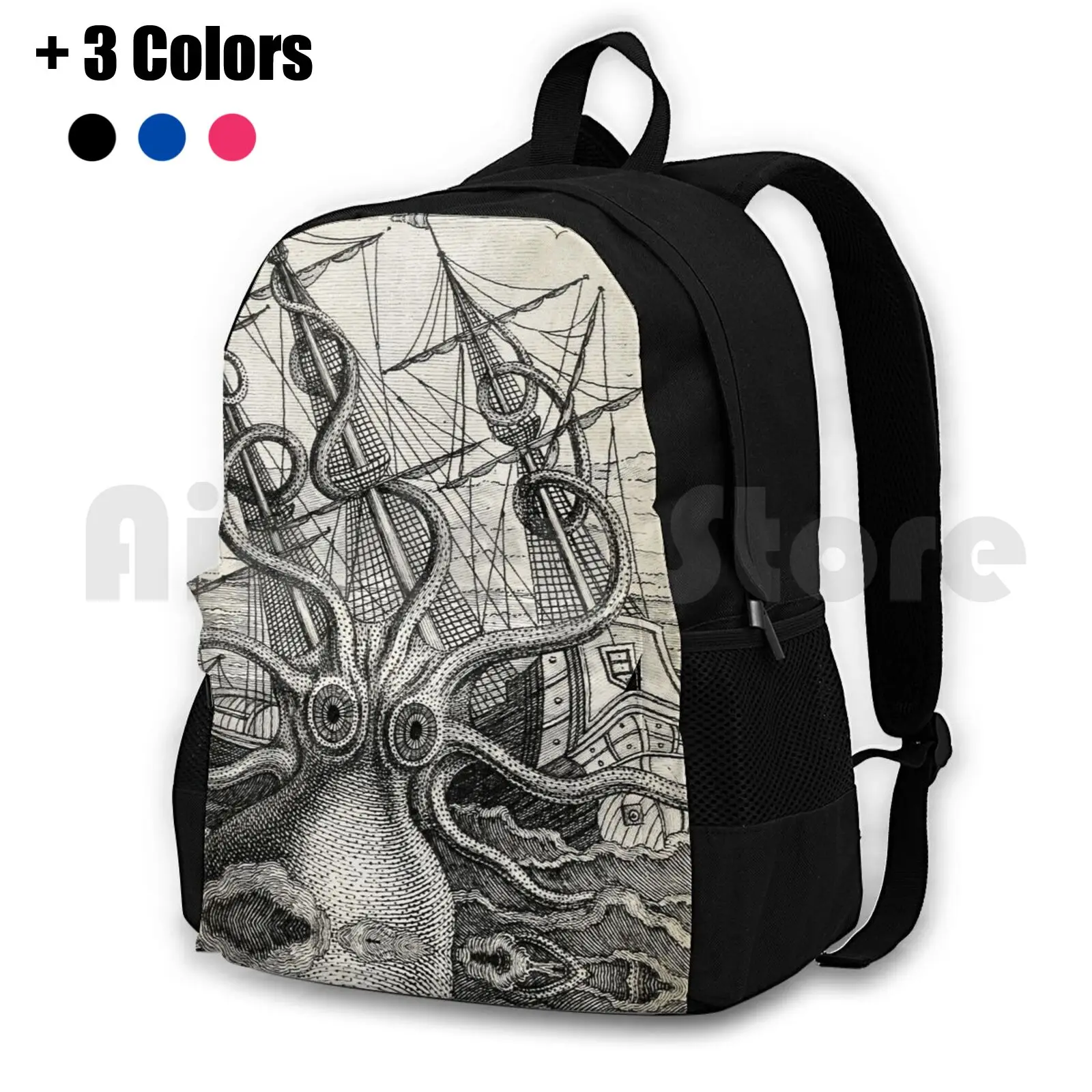 Vintage Kraken , Octopus Illustration Outdoor Hiking Backpack Riding Climbing Sports Bag Vintage Octopus Art Kids Octopus Sea