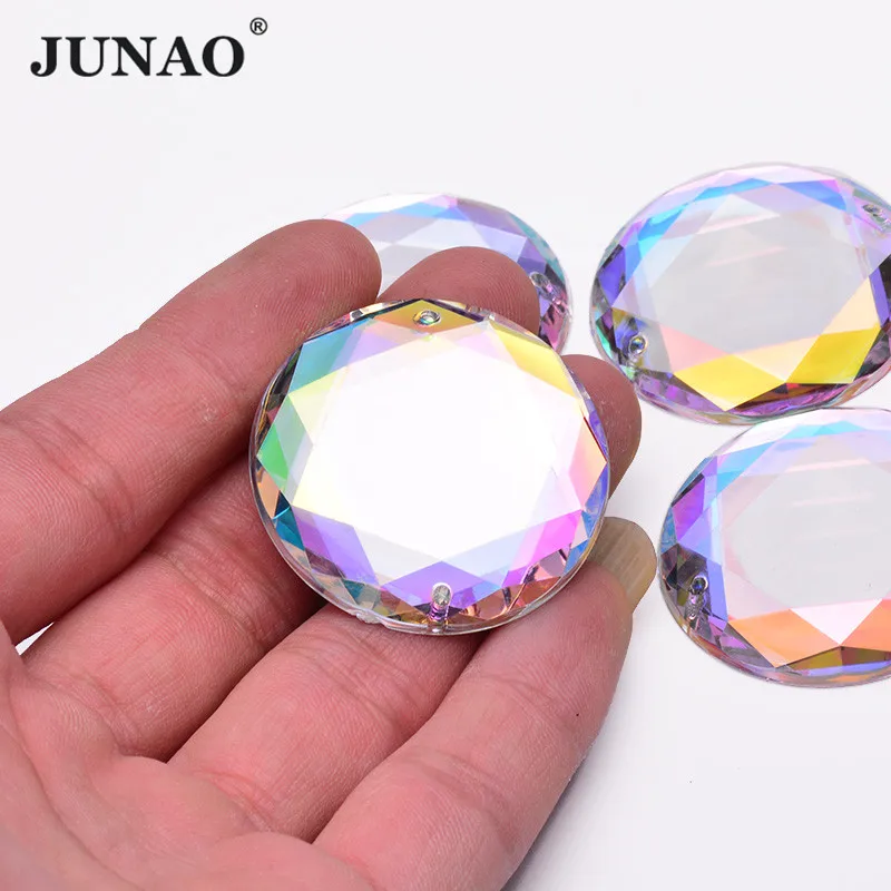 JUNAO 20Pcs 36mm Large Size Sewing Crystal AB Acrylic Rhinestones Flatback Cabochons Stone Non Hotfix Strass For Decoration